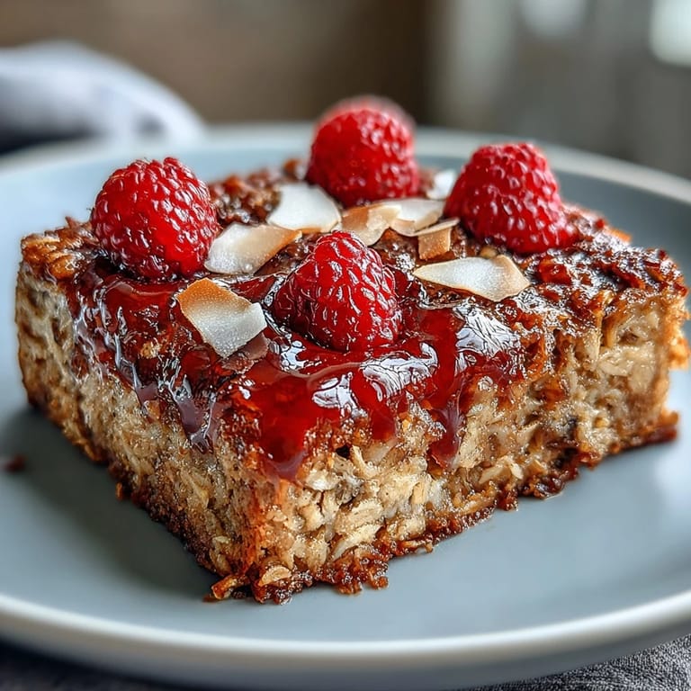 A close-up of baked oatmeal with raspberry and coconut, highlighting golden oats and vibrant berries on a sunlit kitchen counter.