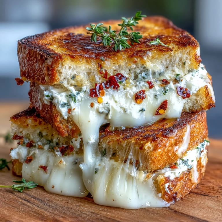 Close-up on a crisp Goat Cheese Grilled Cheese with Honey & Chili Flakes, featuring a thick spread of creamy cheese and a drizzle of honey.