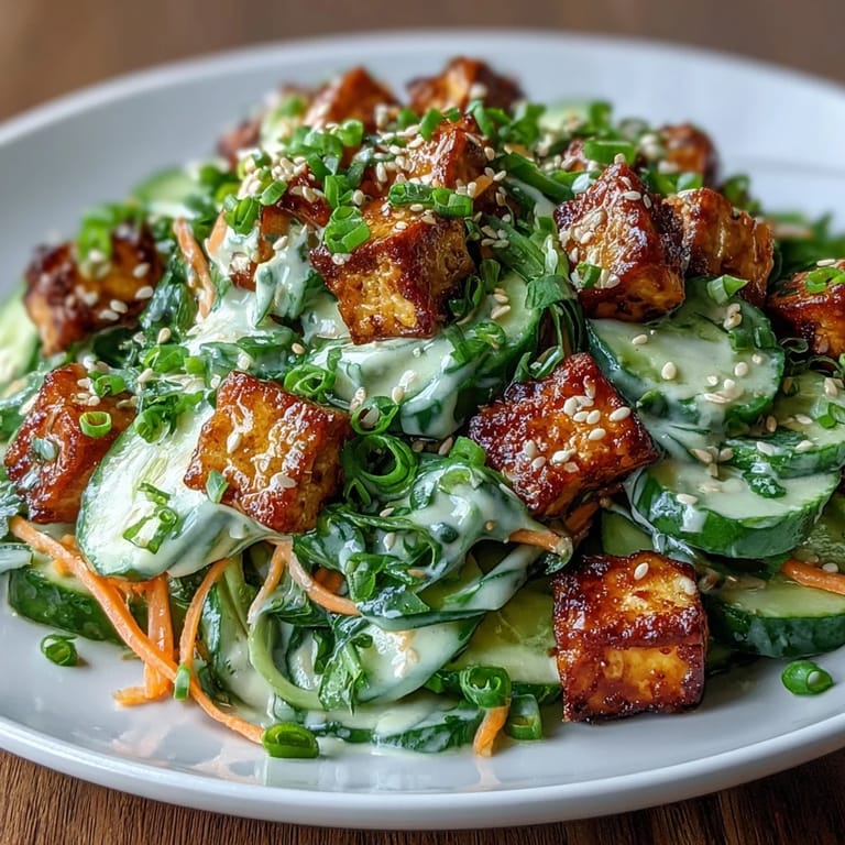 Served on a white plate with lime wedges, this creamy Asian cucumber salad with crispy tofu shines.