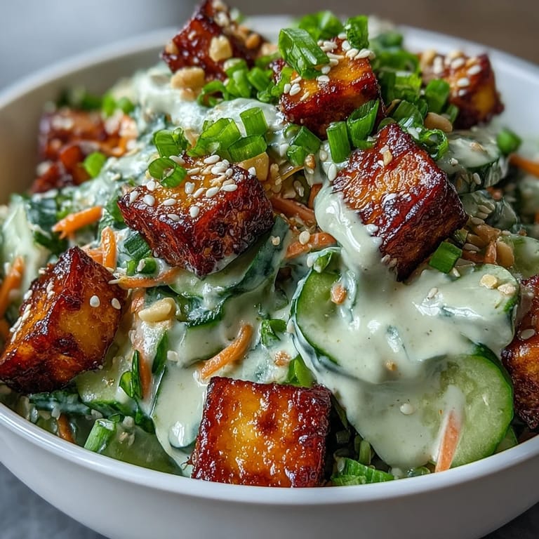 Cool sliced cucumbers and carrots tossed in a creamy sesame-ginger dressing and topped with ultra-crispy tofu.