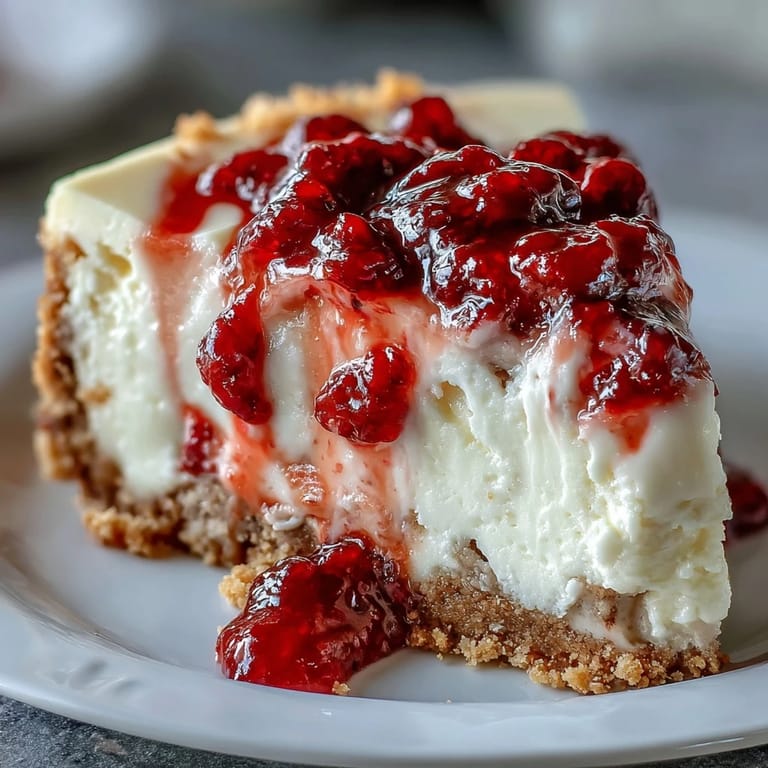 Cool, creamy Indulgent White Chocolate Raspberry Cheesecake Bliss showcases beautiful pink swirls of tangy raspberry sauce inside a tall slice.