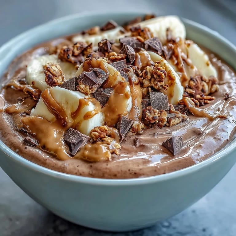A creamy, thick breakfast bowl made with frozen banana, cocoa powder, and peanut butter, drizzled with extra nut butter.