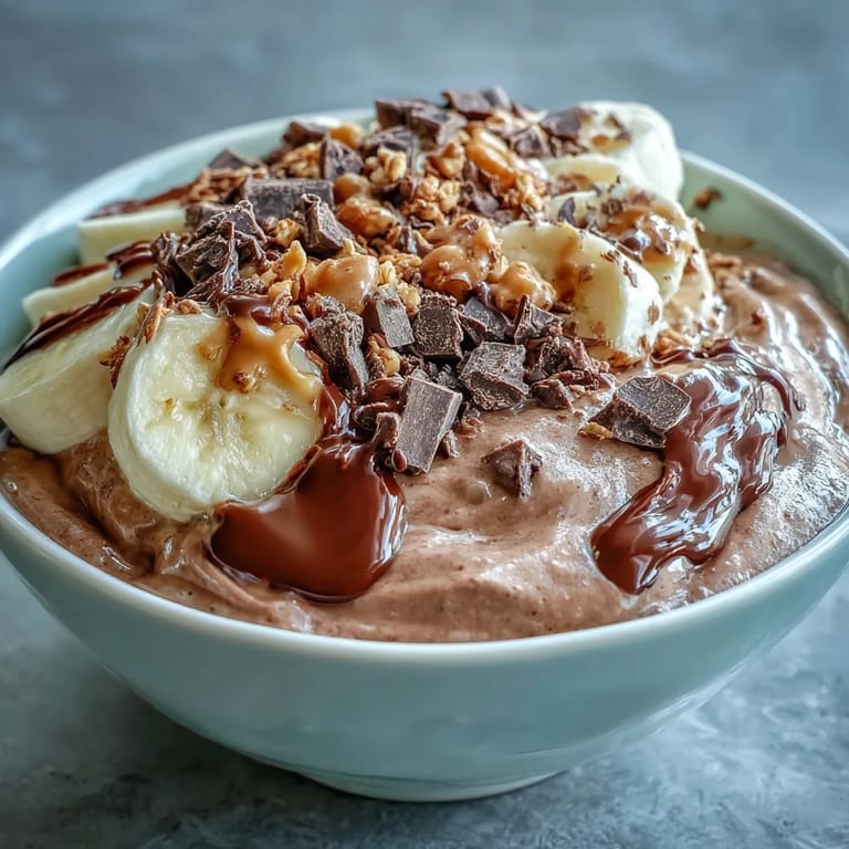 Vibrant morning bowl of rich chocolate peanut butter smoothie, garnished with banana slices, crumbled granola, and dark chocolate pieces.
