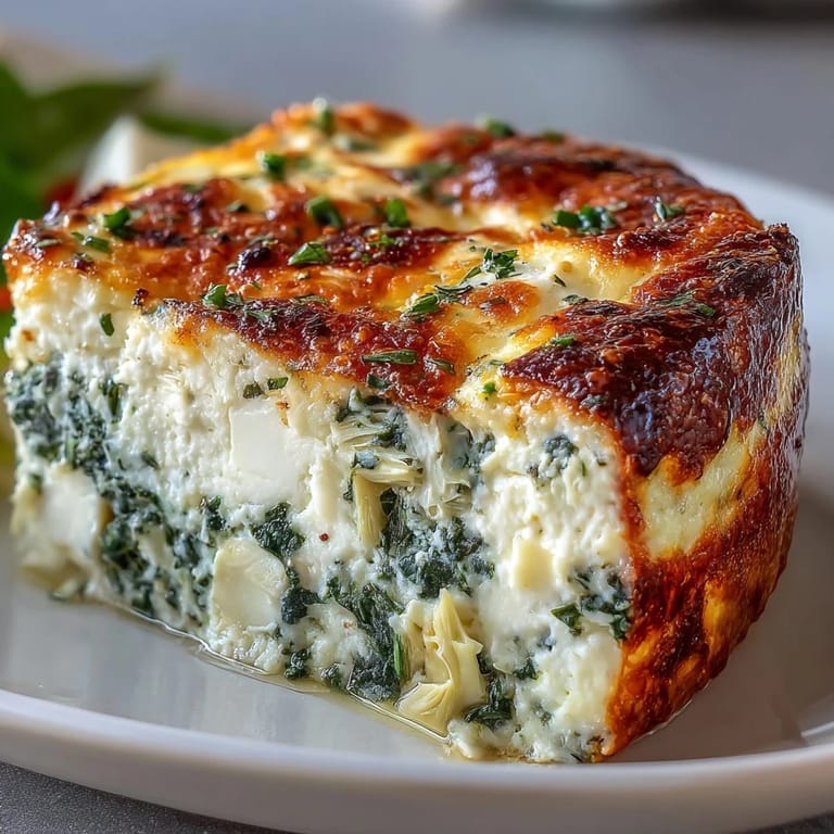 Close-up of High Protein Spinach Artichoke Bake showing spinach and artichoke chunks in a low-carb casserole.