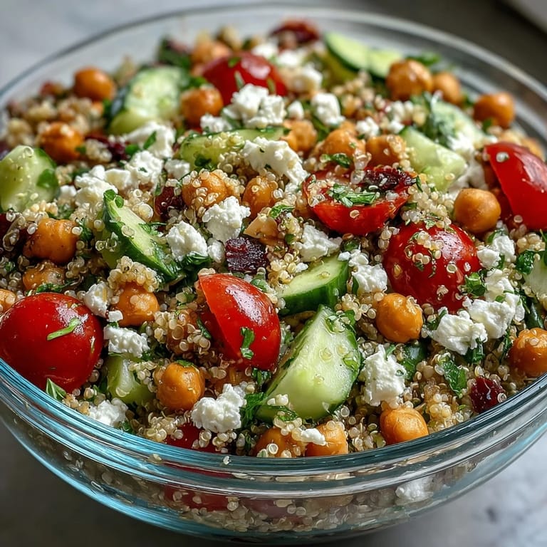 Served chilled, this High Protein Quinoa & Chickpea Salad looks fresh on a white plate with a fork.