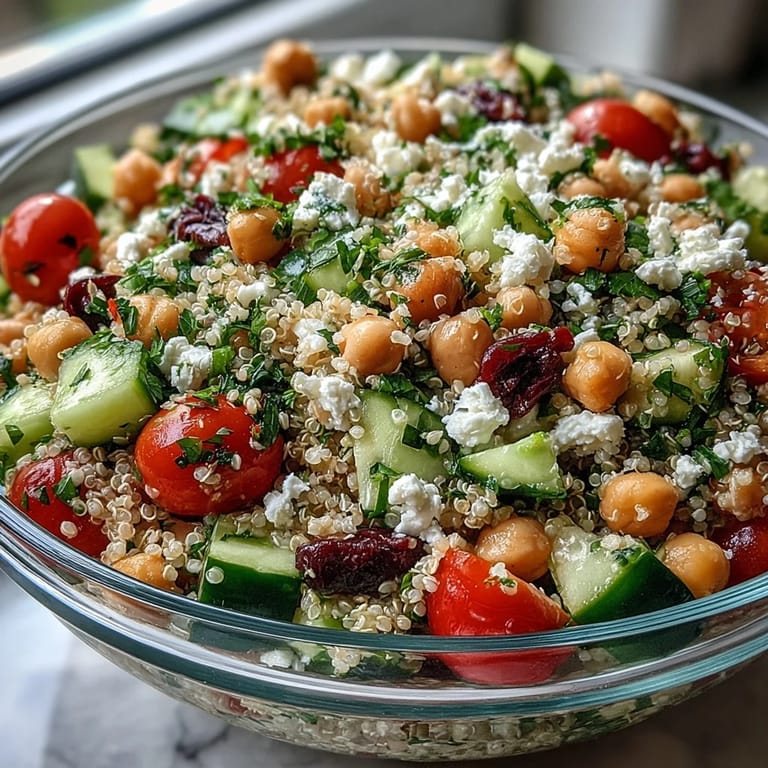 Close up of High Protein Quinoa & Chickpea Salad tossed in olive oil and lemon dressing.
