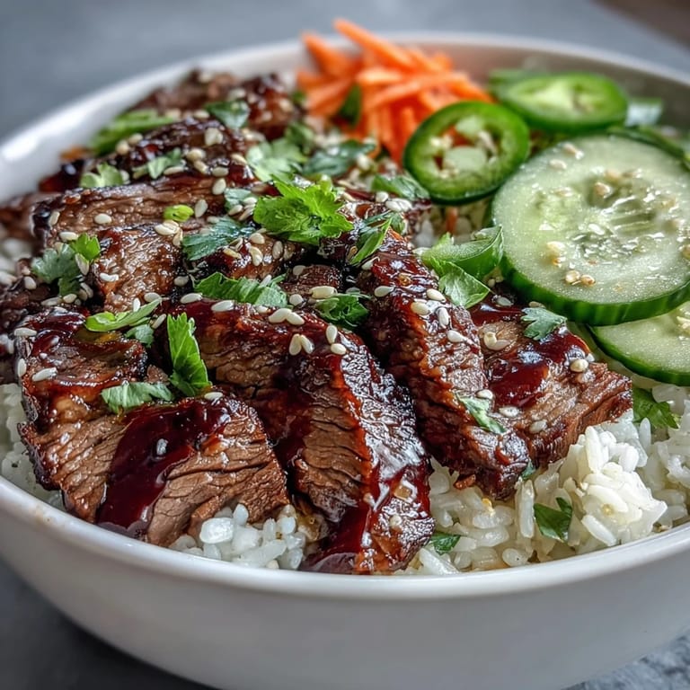 Generous drizzle of spicy sriracha mayo over a colorful Korean Beef Power Bowl, topped with jalapeños and toasted sesame seeds.