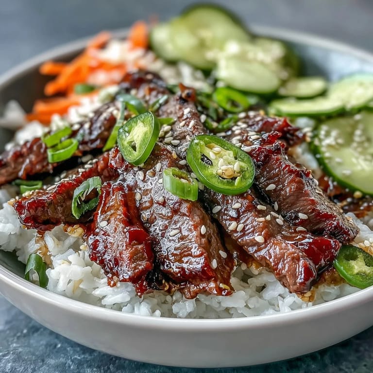 A vibrant Korean Beef Power Bowl with marinated beef, crisp veggies, and tangy pickled carrots ready to serve for dinner.