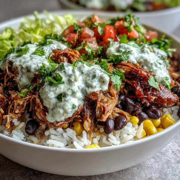 Vibrant Carnitas Burrito Bowl garnished with fresh cilantro and drizzled with tangy lime crema.