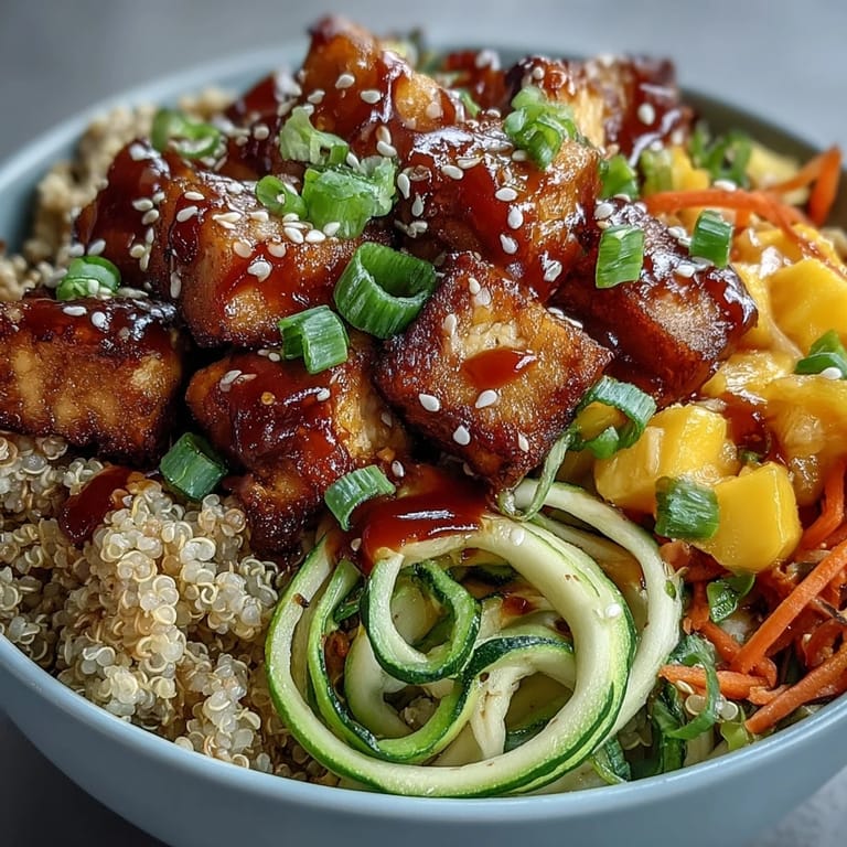 This vibrant bowl showcases tender baked tofu over fluffy quinoa, with spiralized veggies and sweet mango chunks for a healthy lunch.