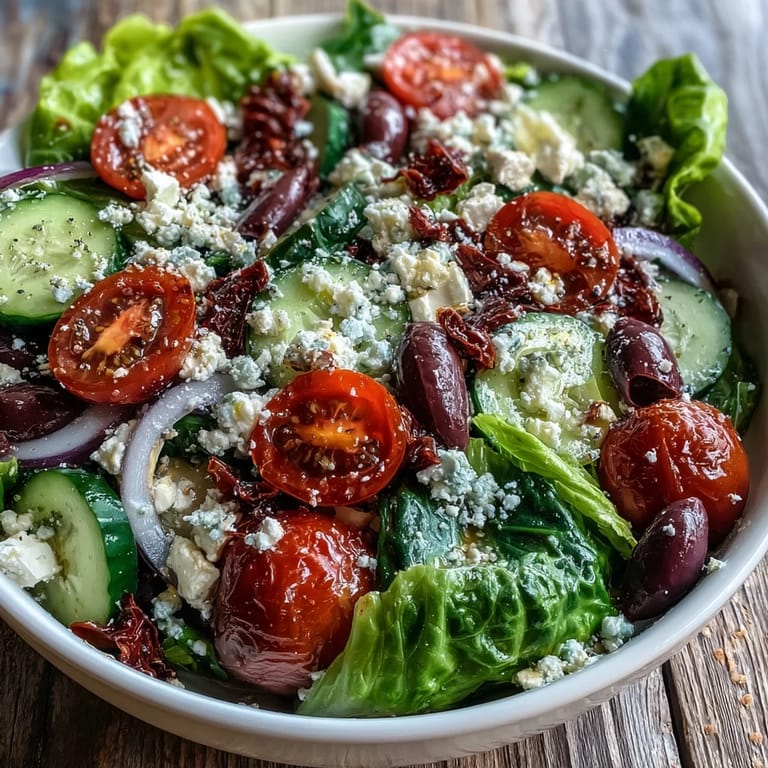 Colorful Greek Salad Bowl topped with juicy cherry tomatoes, crunchy cucumbers, and tangy red onion slices.