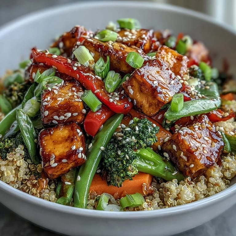 A close-up of the Quinoa Vegetable Teriyaki Bowl shows glistening broccoli and snap peas mixed with quinoa, garnished with fresh green onions and sesame seeds.