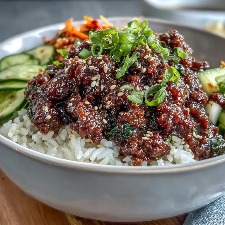 An overhead view of a loaded Korean Beef Bowl featuring tangy kimchi, radish, and savory beef over fluffy white rice.