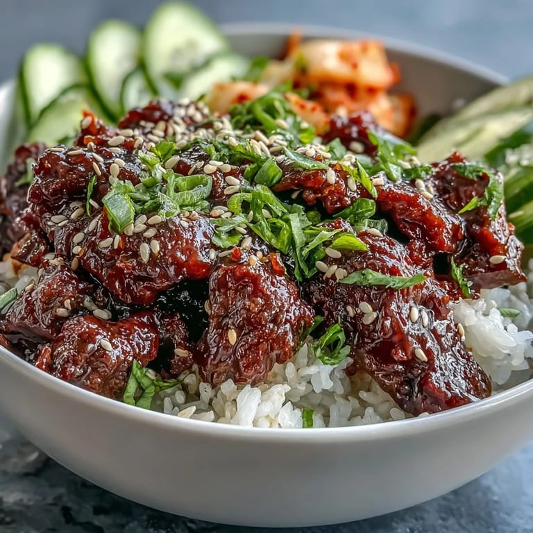 Close-up on the juicy Korean Beef Bowl showing caramelized beef, colorful pickled carrots, and sesame seeds in a ceramic bowl.
