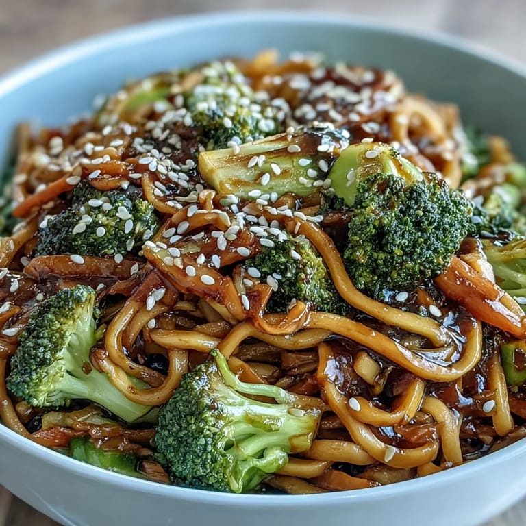 Close-up photo of hot Asian Teriyaki Noodle Bowl with tender noodles, colorful vegetables, and glossy homemade teriyaki glaze.