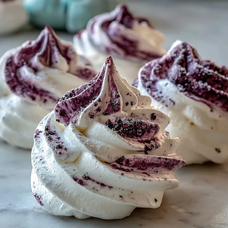 These delicate Black Currant Meringues feature a marbled design and are baked to a perfect crisp texture.