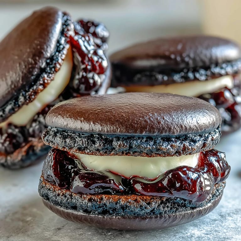 Stack of gluten-free Black Currant Macarons beside a steaming teacup, ideal for an afternoon dessert spread.