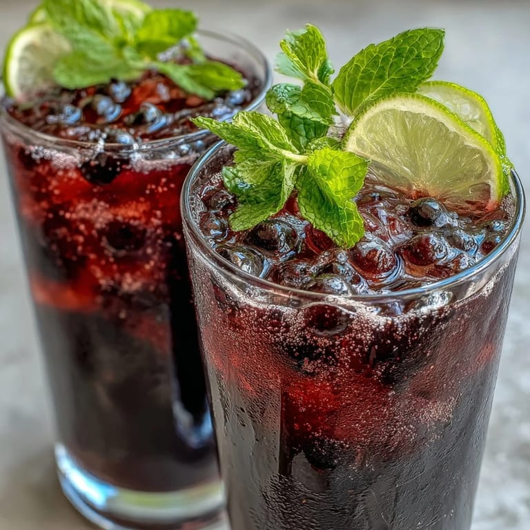 Black Currant Mocktail topped with bubbly sparkling water and fresh mint, served over ice in a glass for a tangy, vibrant treat.