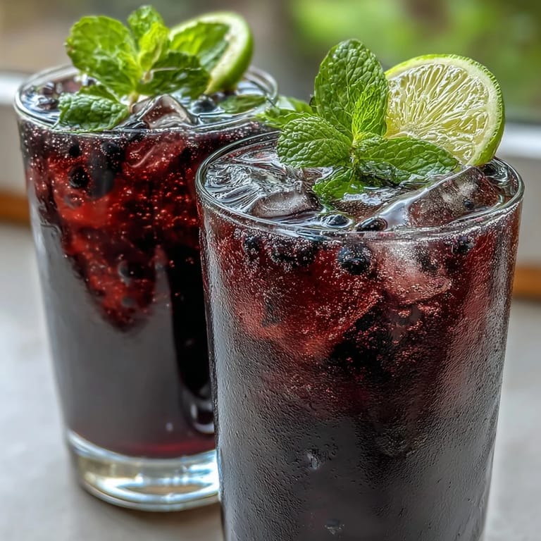 A refreshing Black Currant Mocktail in a tall glass with vibrant purple juice, lime slices, and mint sprigs, perfect for non-alcoholic gatherings.