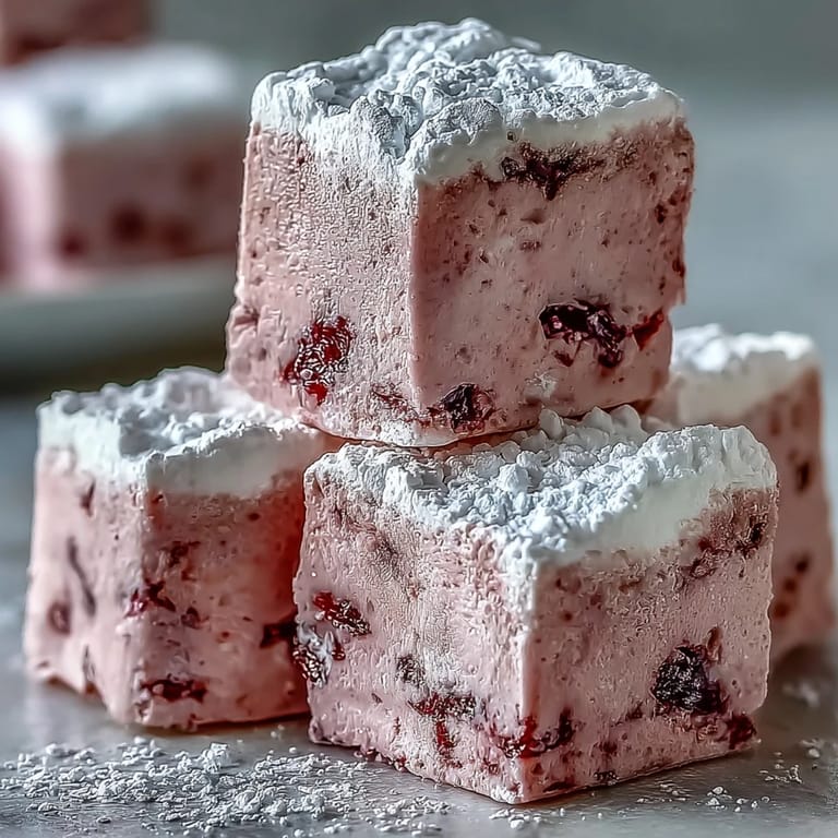 Close-up of fluffy Black Currant Marshmallows in rustic stacking piles, showing their pillowy texture, ideal for topping hot cocoa.
