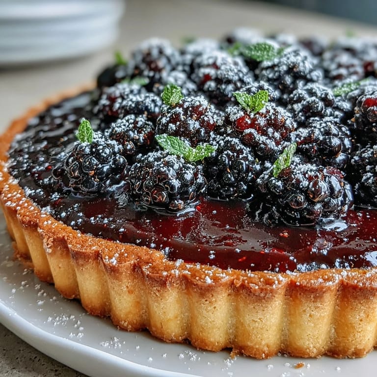 Vibrant Black Currant Fruit Tart dusted with powdered sugar, sliced to reveal a buttery crust and luscious filling.