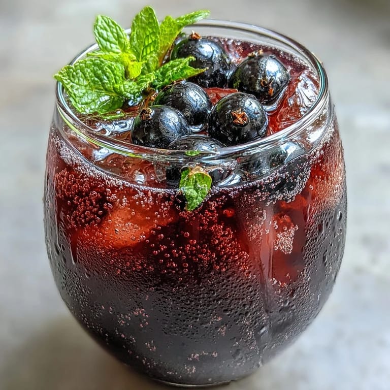 Black Currant It Berry Celebration Drink smoothie topped with a ripe banana slice in a tall glass.