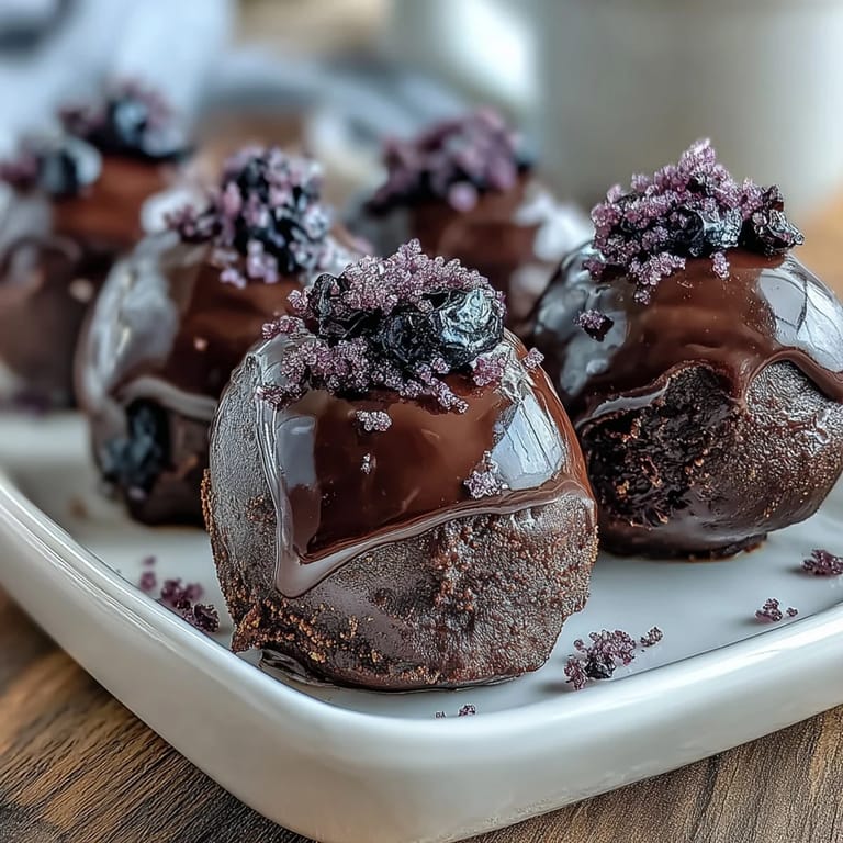 Close-up of glossy Black Currant Chocolate Truffles dusted in cocoa powder, perfect for an indulgent European-style treat.