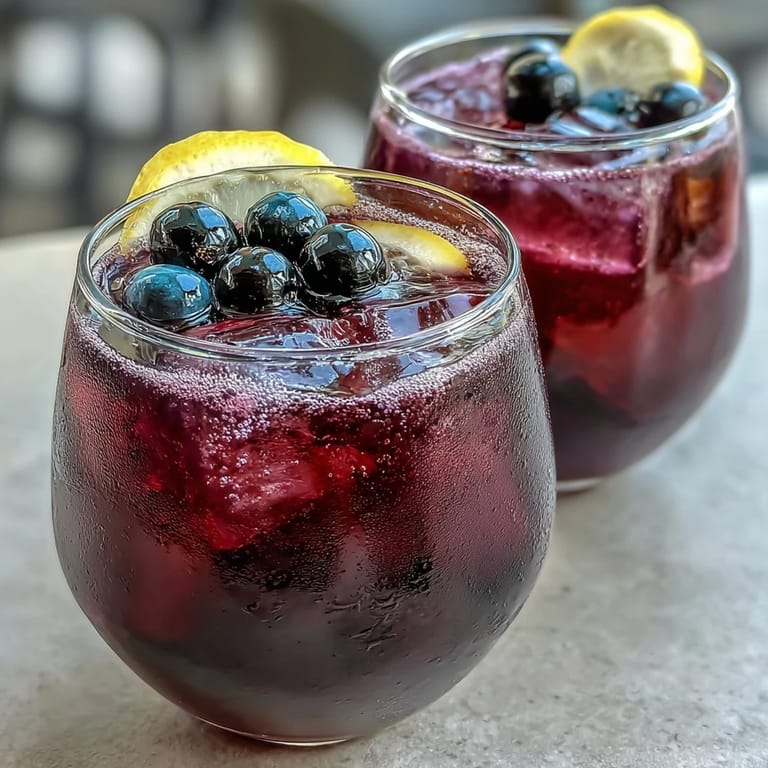 Close-up on the deep purple Black Currant and Cassis Cocktail, paired with goat cheese crostini and fresh blackcurrants on a rustic table.