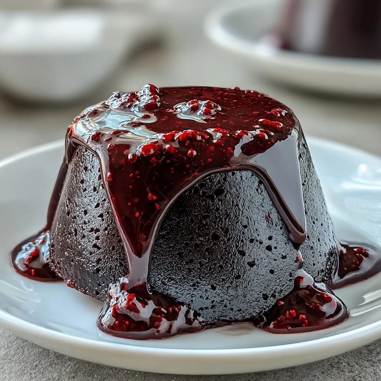 A close-up of silky Black Currant Panna Cotta topped with a glossy berry glaze.