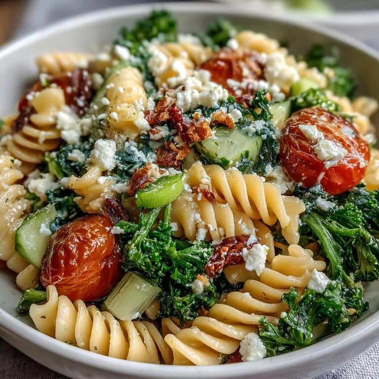 Creamy lemon vinaigrette coats tender pasta with crunchy cucumbers, sweet cherry tomatoes, and optional feta for richness.