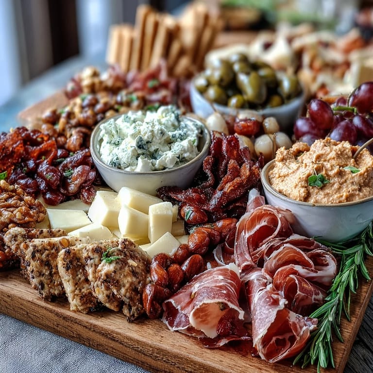 A vibrant charcuterie board with Housewarming Party Charcuterie Board with Dips and Crackers, showcasing colorful grapes, cherry tomatoes, and a variety of cheeses for a festive gathering.