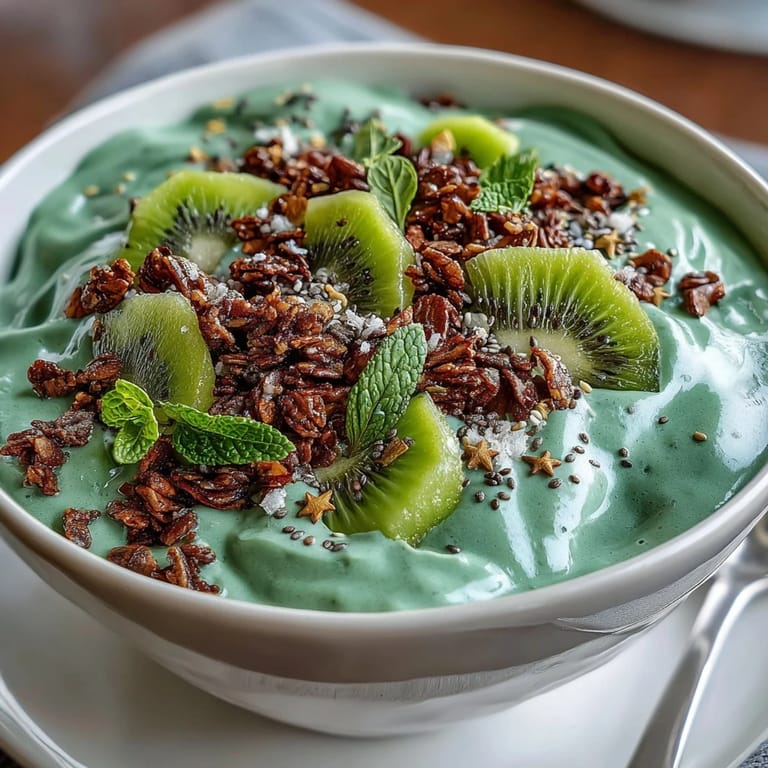 Vibrant St. Patrick's Day smoothie bowl featuring protein-packed green base with spinach, avocado, and banana, garnished with kiwi shamrock design and crunchy toppings.