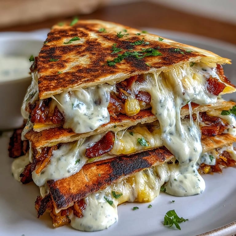 Vibrant Mexican street corn quesadillas filled with roasted corn, jalapeño, and Cotija cheese, served with zesty chipotle crema.