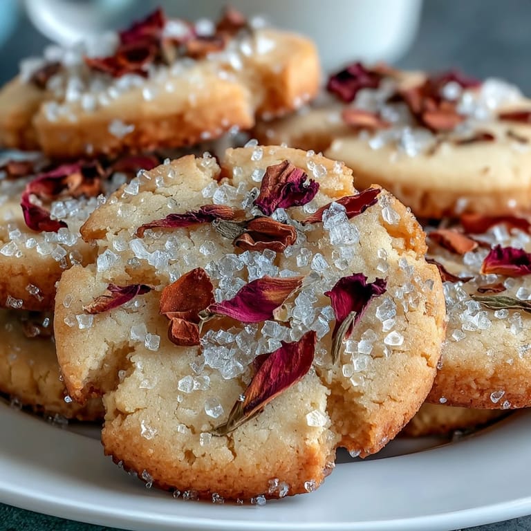 Beautifully decorated shortbread cookies with pressed edible flowers, offering a fragrant and elegant treat for Mother's Day celebrations.