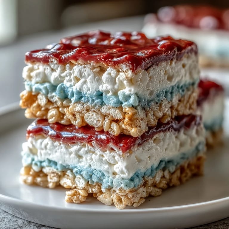 Vibrant red, white, and blue Rice Krispies squares, ideal for patriotic holiday gatherings.