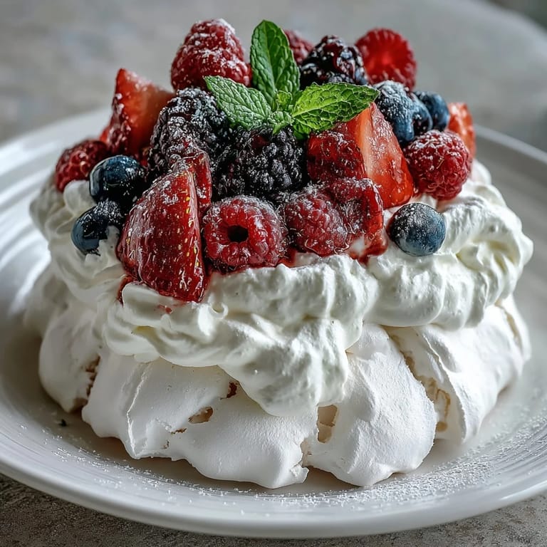 Golden-brown pavlova topped with billowing whipped cream and a vibrant mix of fresh spring berries, perfect for sharing.