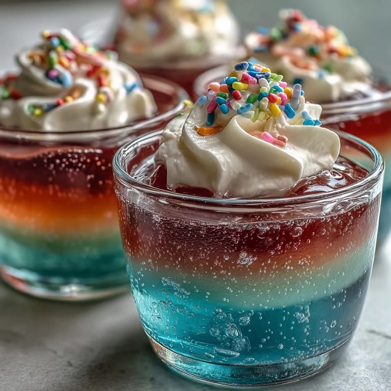 Bright, cheerful rainbow Jello cups topped with whipped cream and sprinkles, an easy no-bake treat for any occasion.