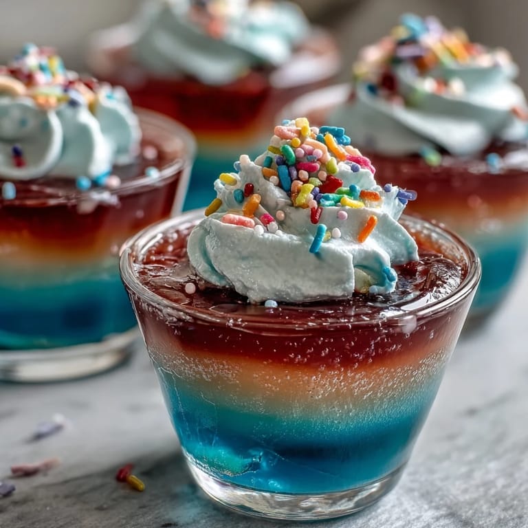 Layered rainbow Jello cups in clear glasses, each fruity flavor stacked for a colorful and fun dessert kids will love.