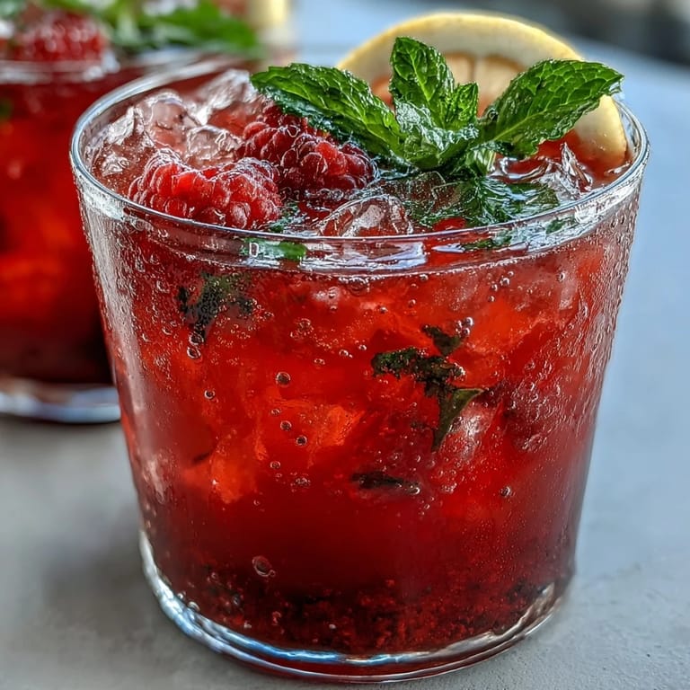 Refreshing raspberry lemon spritz mocktail with sparkling water, muddled berries, and zesty citrus served over ice.
