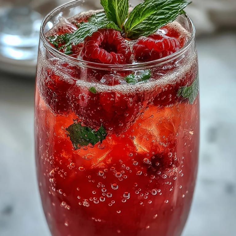 Colorful raspberry lemon spritz mocktail featuring fresh raspberries, lemon wedges, and mint leaves in elegant glasses.