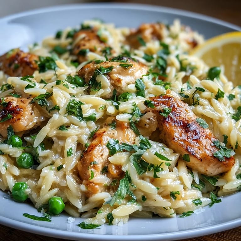 Golden chicken and orzo simmered in broth, finished with Parmesan and fresh parsley for a hearty Mediterranean dinner.