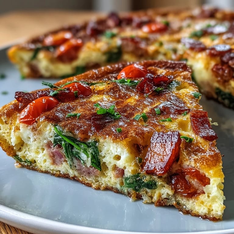 Hearty One-Pan Ham and Swiss Frittata loaded with diced ham, baby spinach, and cherry tomatoes. Perfect for a quick, protein-packed breakfast.