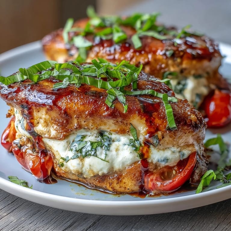 Tender chicken breasts stuffed with fresh mozzarella, ripe tomatoes, and fragrant basil, then baked to juicy perfection and finished with balsamic reduction.