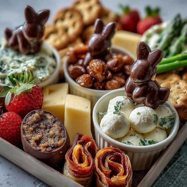 Adorable spring charcuterie board featuring pastel chocolates, bunny cookies, and fresh vegetables in mini basket shapes.