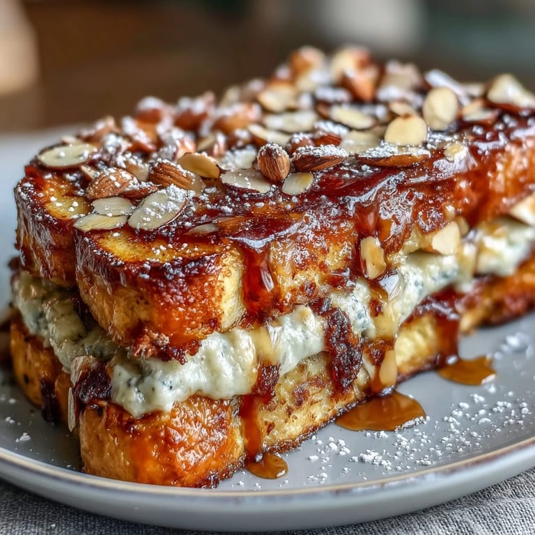 Decadent Almond Croissant French Toast featuring thick brioche, luscious almond cream, and a dusting of powdered sugar.