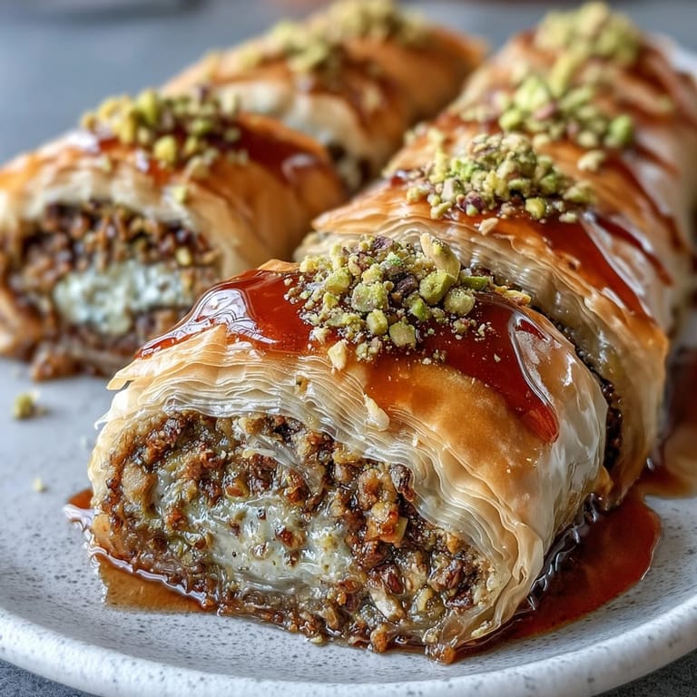 Baked phyllo pastry rolls filled with aromatic pistachios and cinnamon, finished with a delicate orange blossom syrup and chopped pistachio garnish.