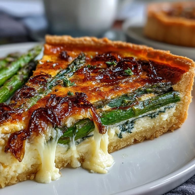 Elegant quiche filled with tender asparagus, creamy Gruyère, and sweet caramelized shallots, baked until golden and set.