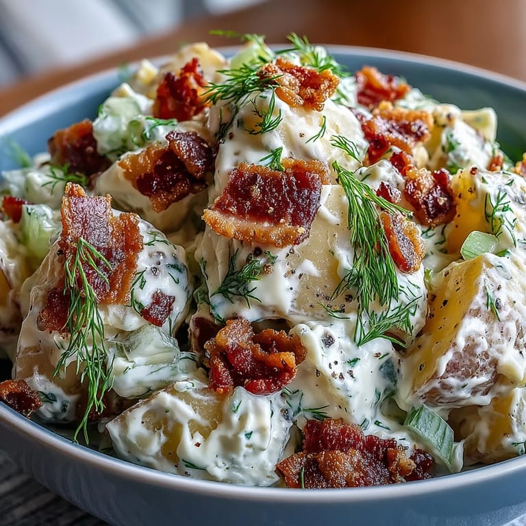 A hearty bowl of Memorial Day Potato Salad with tangy dressing.
