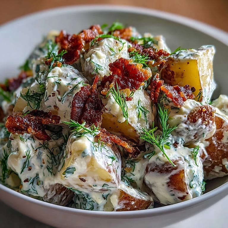Crispy bacon studded Memorial Day Potato Salad ready for serving.