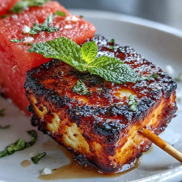 Savory halloumi skewers with juicy watermelon and mint, ready for a summer barbecue.
